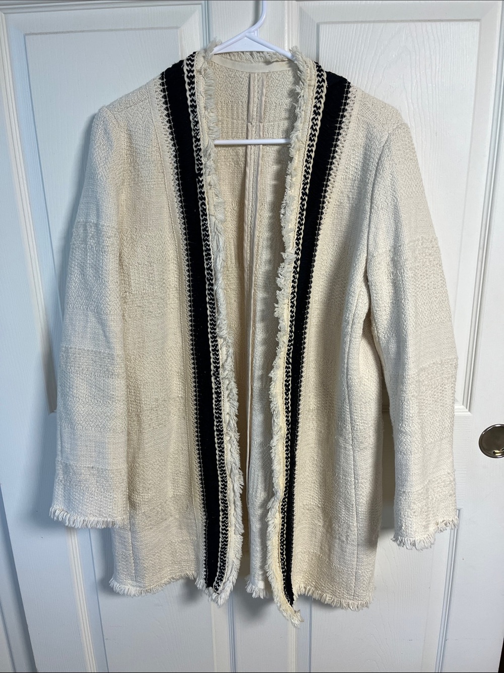 Chico’s Ivory Fringe Open Front Long Line Cardigan with Black Trim